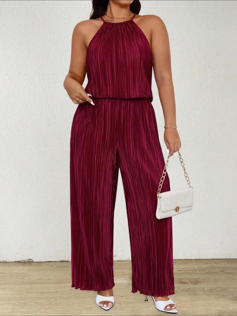 SHEIN Curve Burgundy Pleated 2-Piece Set | Size 2XL | Wide Leg Pants & Halter To